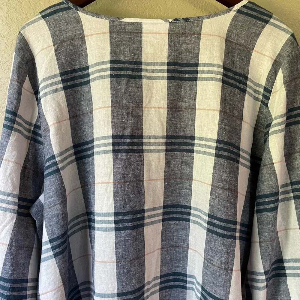 Liz Claiborne Womens XXL 2XL Linen Blend Blue Plaid Tunic 3/4 Tie Sleeve Blouse - Picture 8 of 10